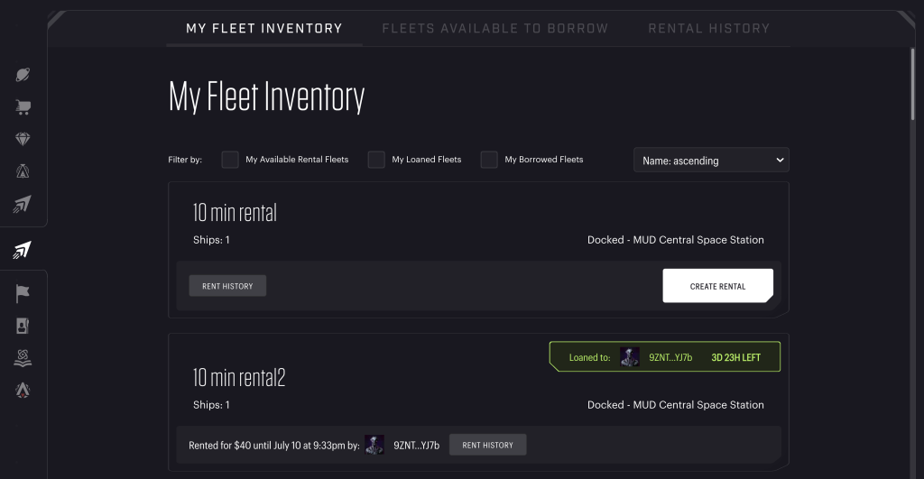 Star Atlas - Fleet Rentals - My Fleet Inventory