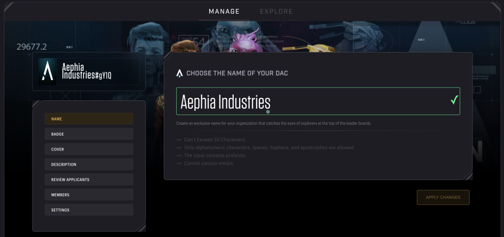 Star Atlas - DAC Management screen (for Aephia Industries in this case)