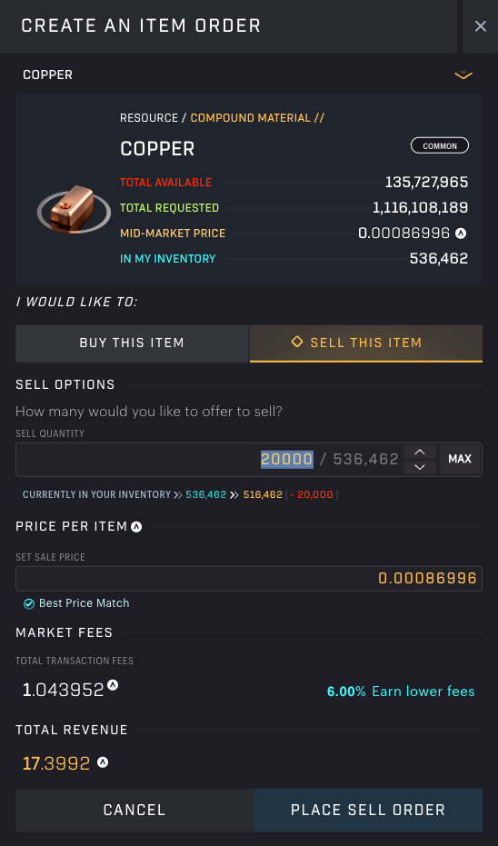 SAGE - Local Marketplace - Create An Item Order [Resource Market dialog]