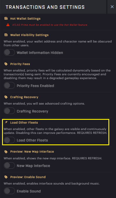 SAGE – Settings – Load Other Fleets
