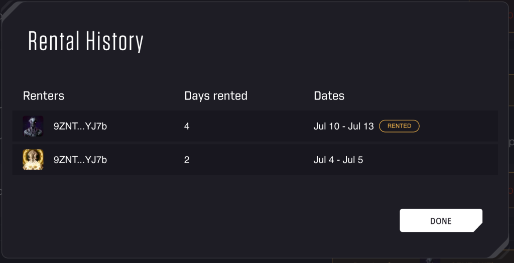 Star Atlas - Fleet Rentals - Rental History