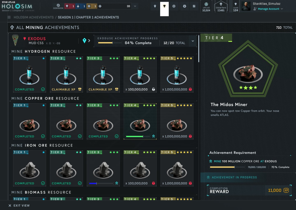 Star Atlas - Holosim S1C2 - Achievements Overview