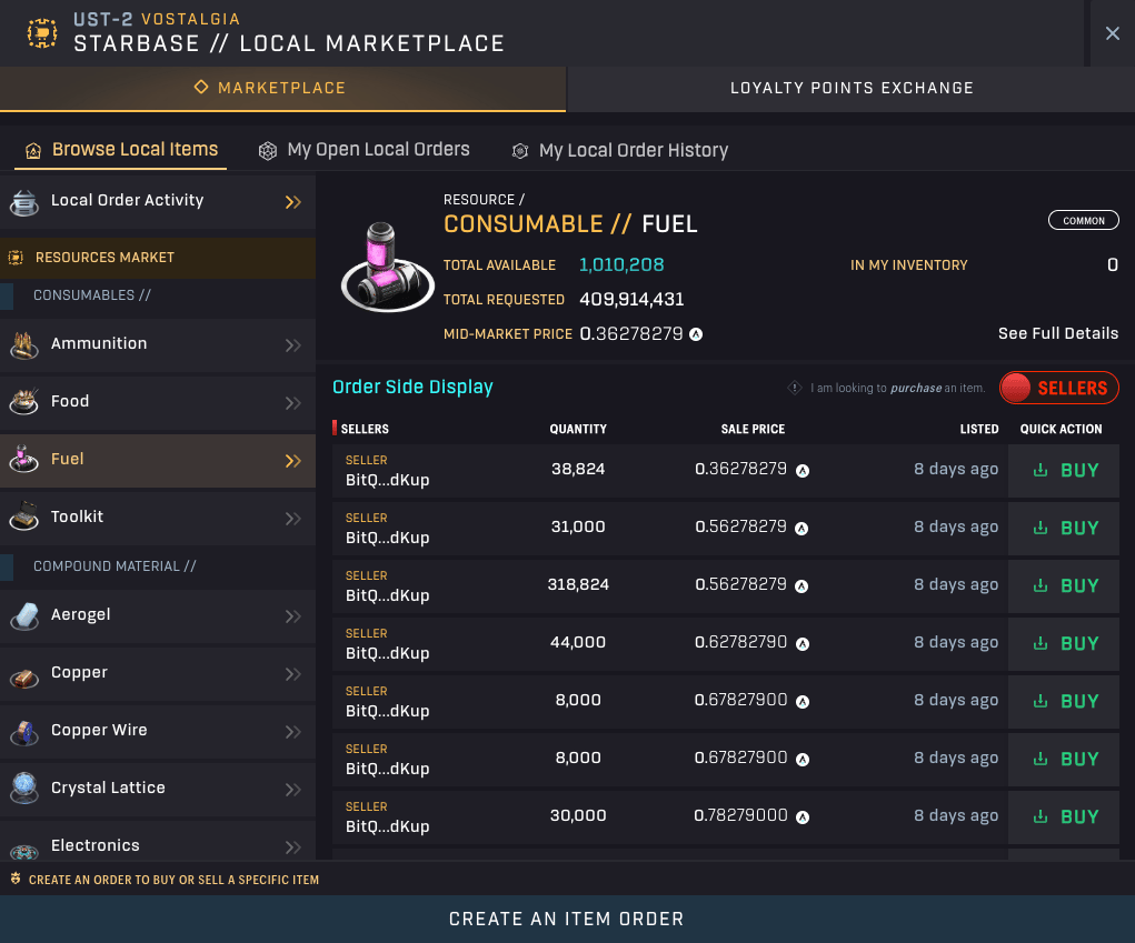 SAGE - Local Marketplace - Fuel Market [Sell Orders]